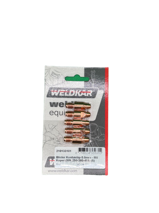 Kontakttip 0.8mm - M8 koper  weldkar 250-360-411 5 stuks